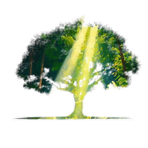 Painterly halftone tree with light rays
